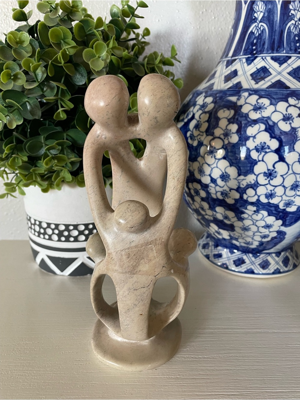 Vintage Hand Carved Soapstone Family Unity 3 kids Sculpture Cream Abstract Art